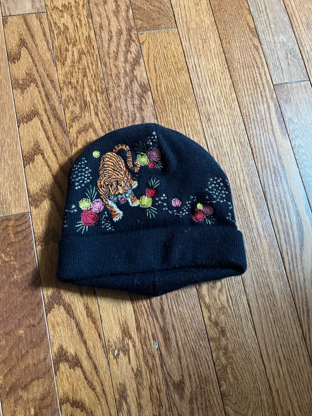 Black Kids Beanie with Embroidered Tiger and Floral Accents